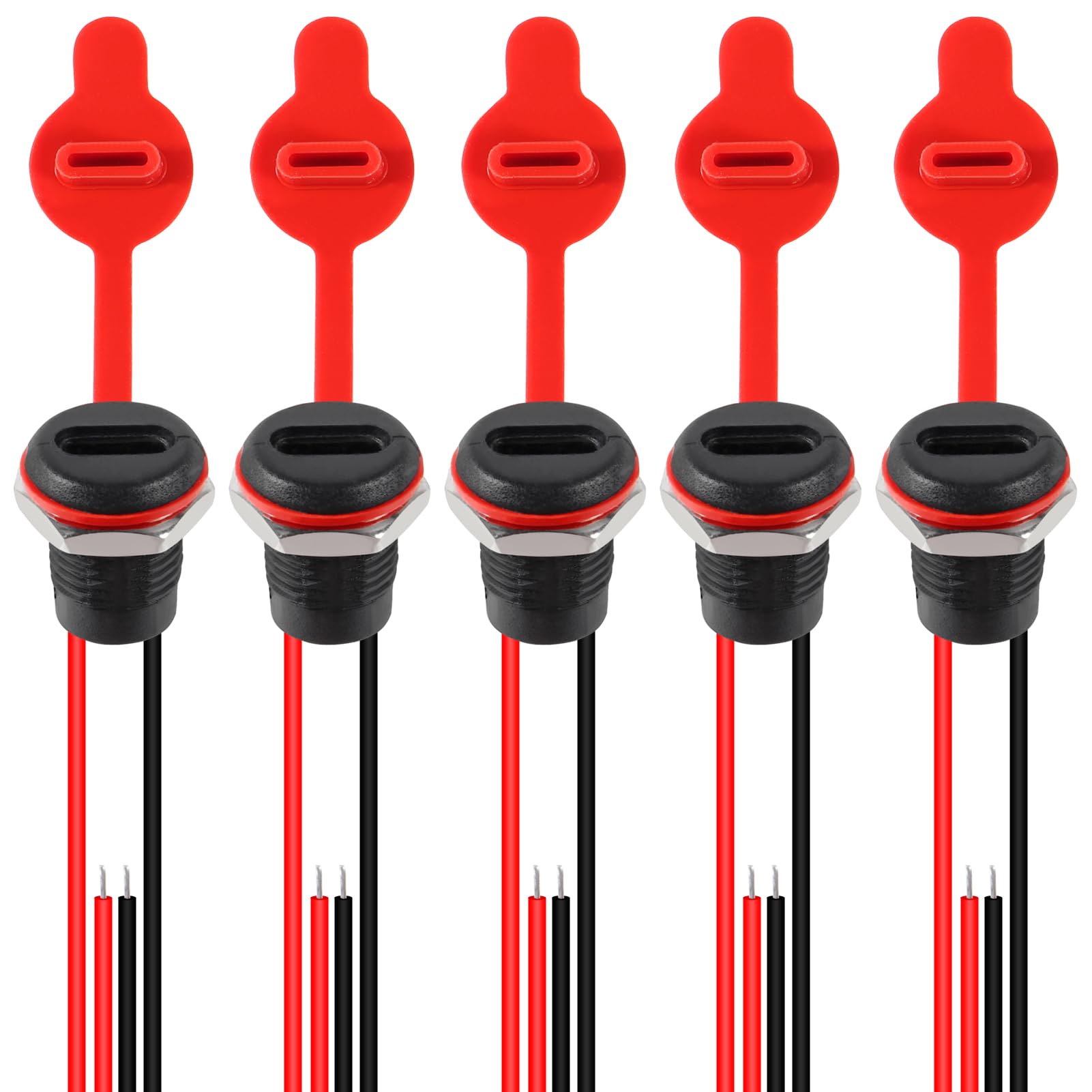 5Pcs 2Pin Charging Socket Female Mount Connector Adapter USB Type-C Port Charging Interface Socket Female Type C 3A with Waterproof Cover Cap Jack Cord USB-C Charger Plug