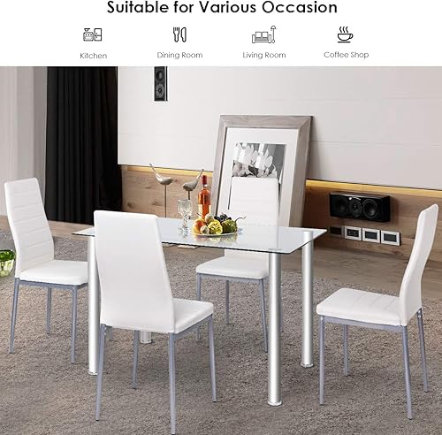 Miniatura 3 de RELAX4LIFE Juego de 4 mesas de comedor con tapa de vidrio y sillas de cuero de PVC para comedor, cocina, comedor, mesa de cocina y sillas de