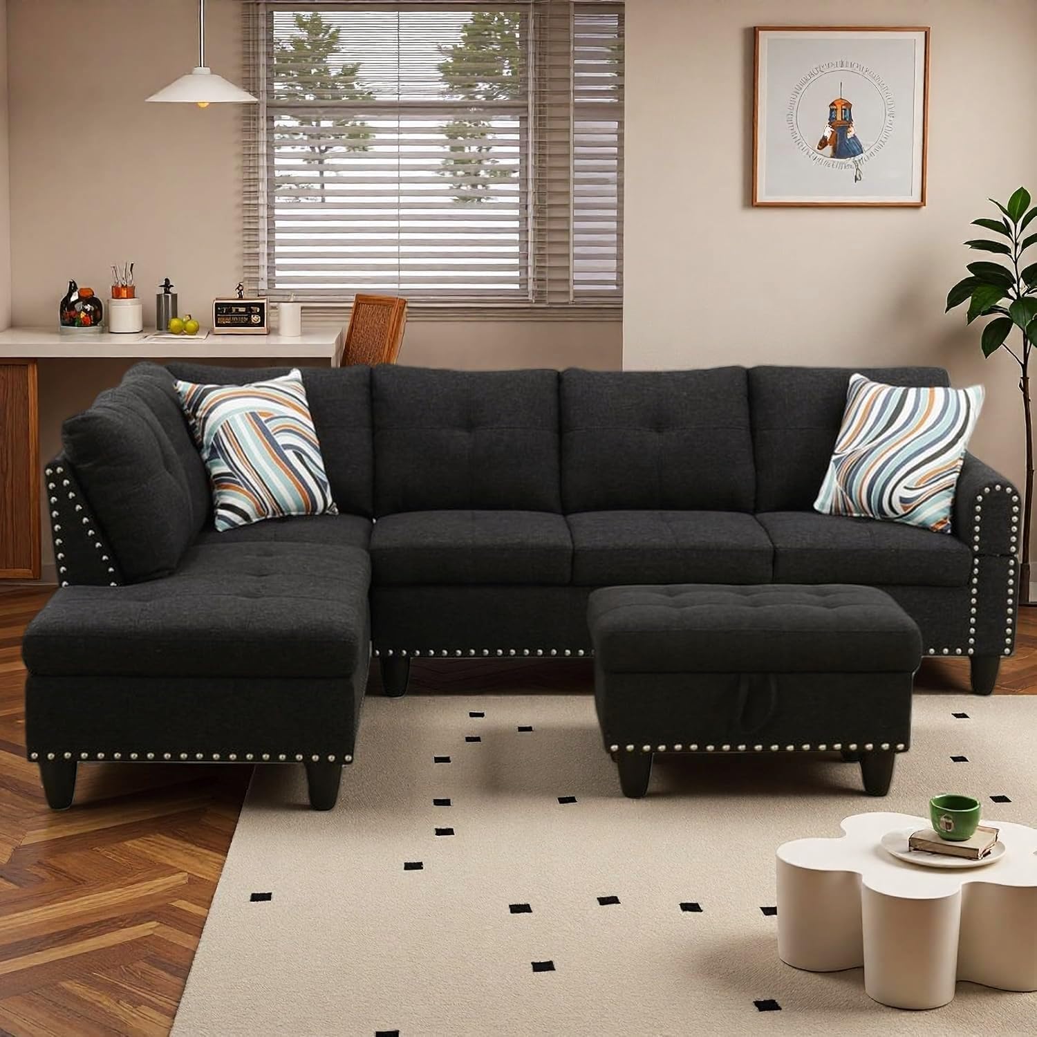 97" Linen 4-Seat L-Shaped Sectional Sofa with Movable Chaise & Storage Ottoman - 3-Piece Modular Convertible Couch for Living Room, Bedroom, Apartment & Office, Charcoal