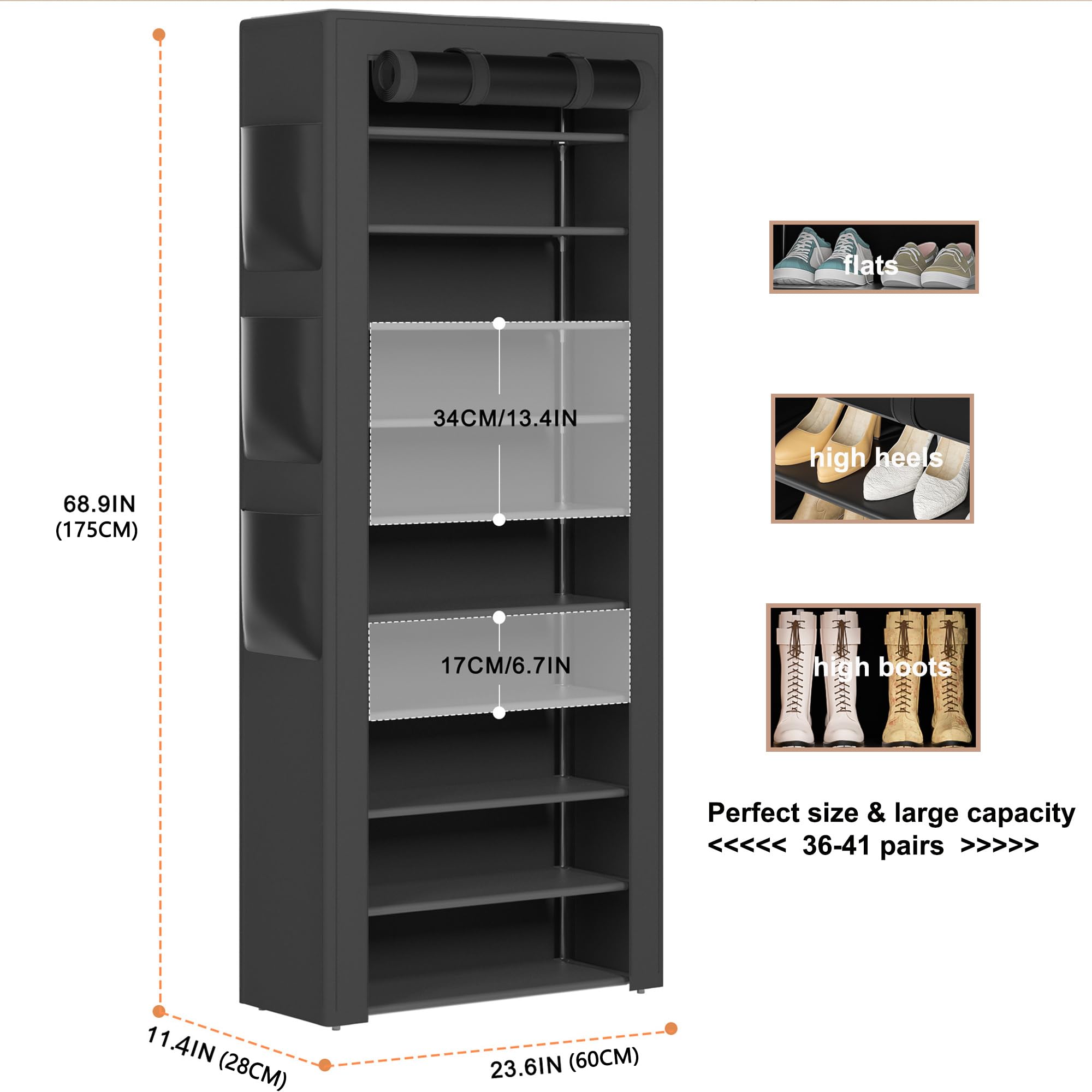 OYREL Scarpiera con coperchio, 10+1 livello, 36-41 paia con 6 tasche laterali | Salvaspazio antipolvere grande capacità di stoccaggio scarpe per armadio ingresso, robusto organizer per scarpe scaffale nero