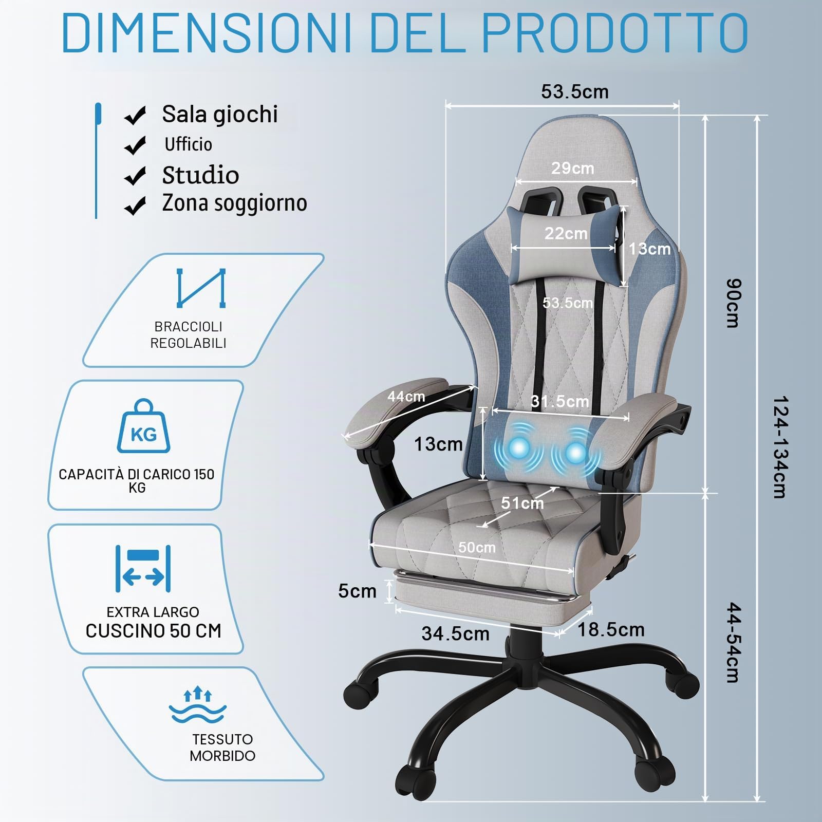 JUMMICO Sedia gaming in tessuto con imbottitura a molla, Sedie ufficio ergonomica con massaggiatore, sedia da gaming con poggiatesta, poggiapiedi, regolabile in altezza, portata 150 kg, Grigio & Blu