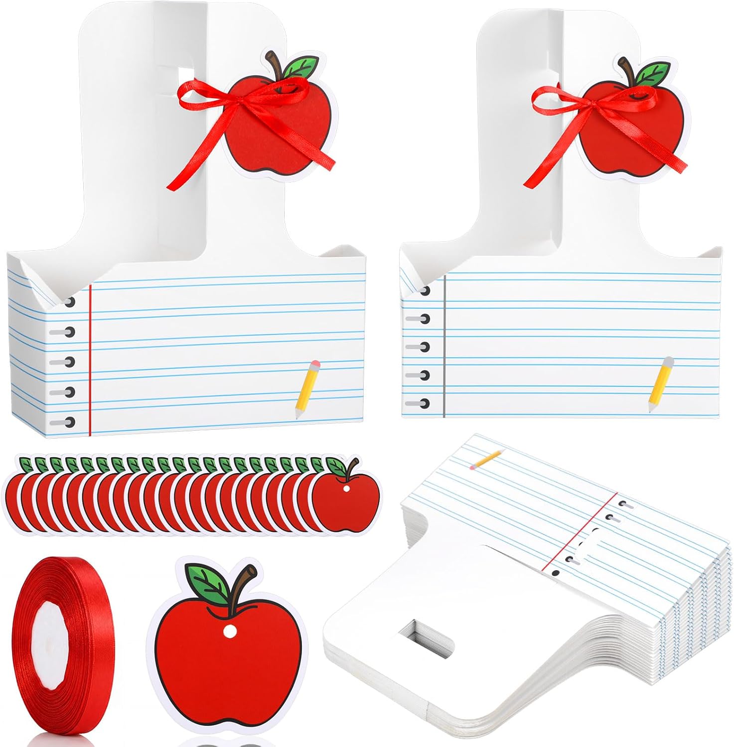 20 Set Teacher Appreciation Gifts 2 Cup Drink Carrier with Apple Greeting Card Ribbon, Foldable Kraft Paper Coffee Cup Holders with Handle for Teachers Day Party Drink (White Stripes)