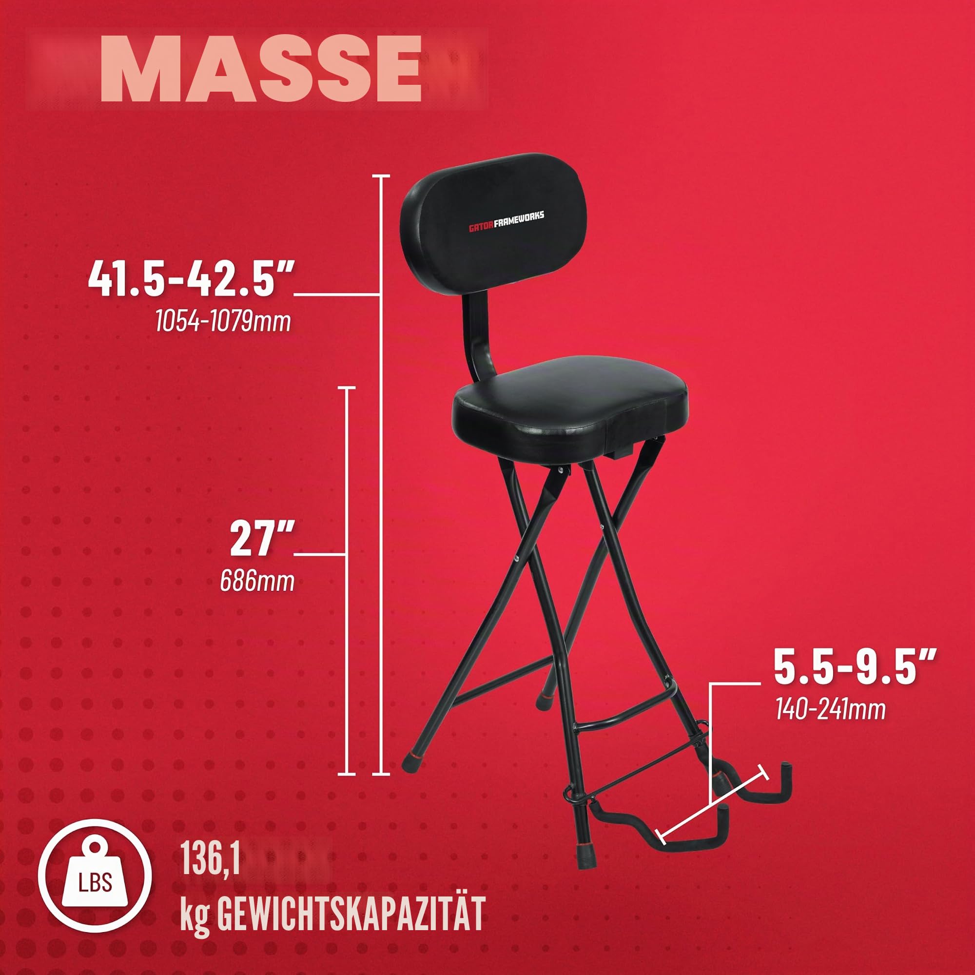 Gator Frameworks Gitarrensitz mit gepolstertem Kissen, ergonomischer Rückenlehne und ausklappbarem Gitarrenständer; geeignet für Akustik- und E-Gitarren (GFW-GTR-SEAT)