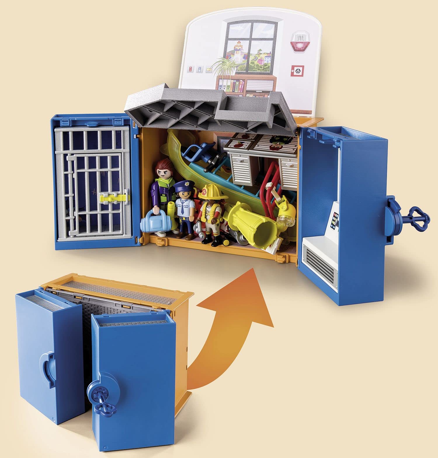 PLAYMOBIL Duck ON Call 70830 Centro de Operaciones móvil, con Estación de Bomberos y Estación de Policía, Maletín Plegable, Juguetes para niños a Partir de 3 años