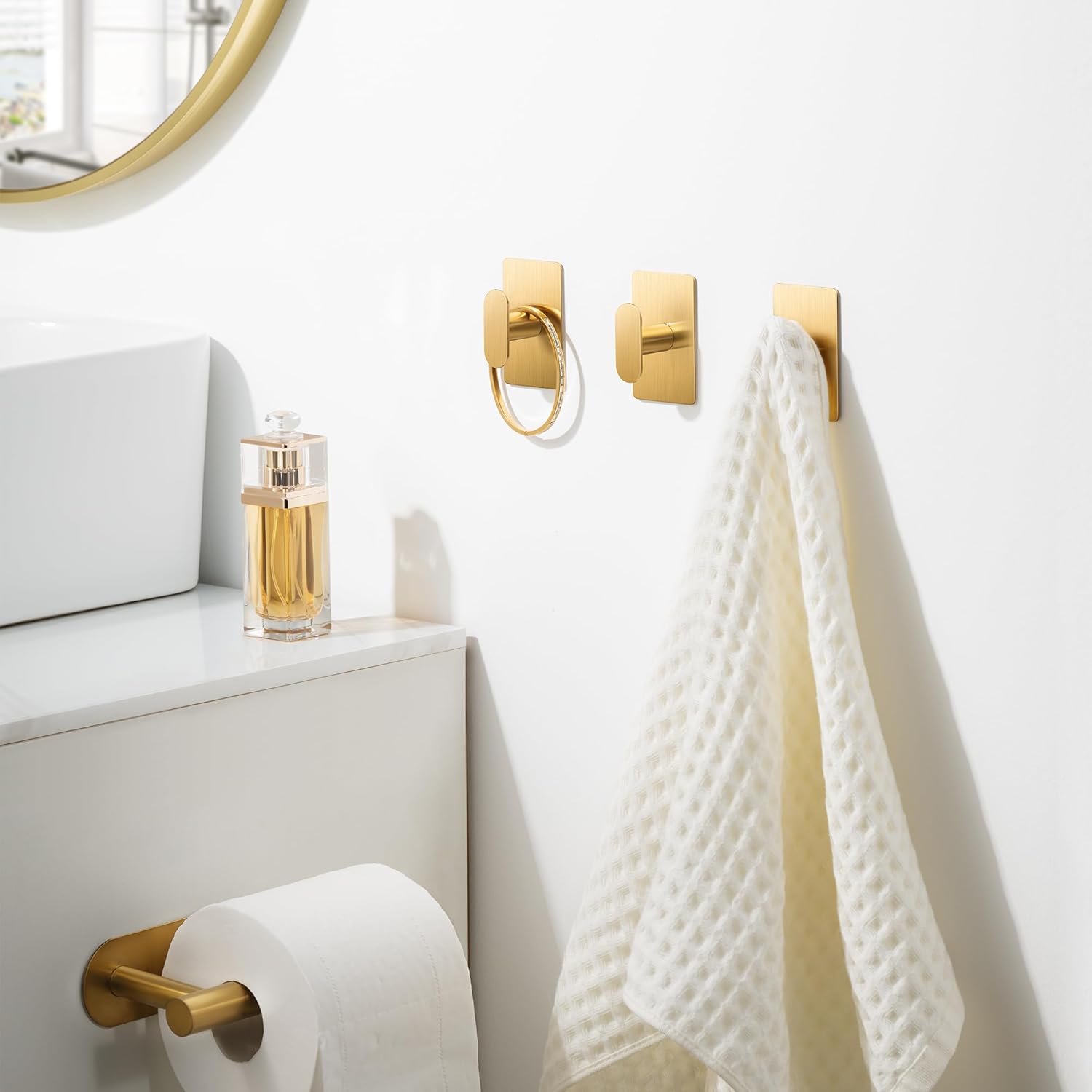 pickpiff Adhesive Towel Hooks for Bathroom: 20LB Extra Strong Wall Hanger for Shower Kitchen RV Dorm Apartment, Gold 4 Pack - Image 8