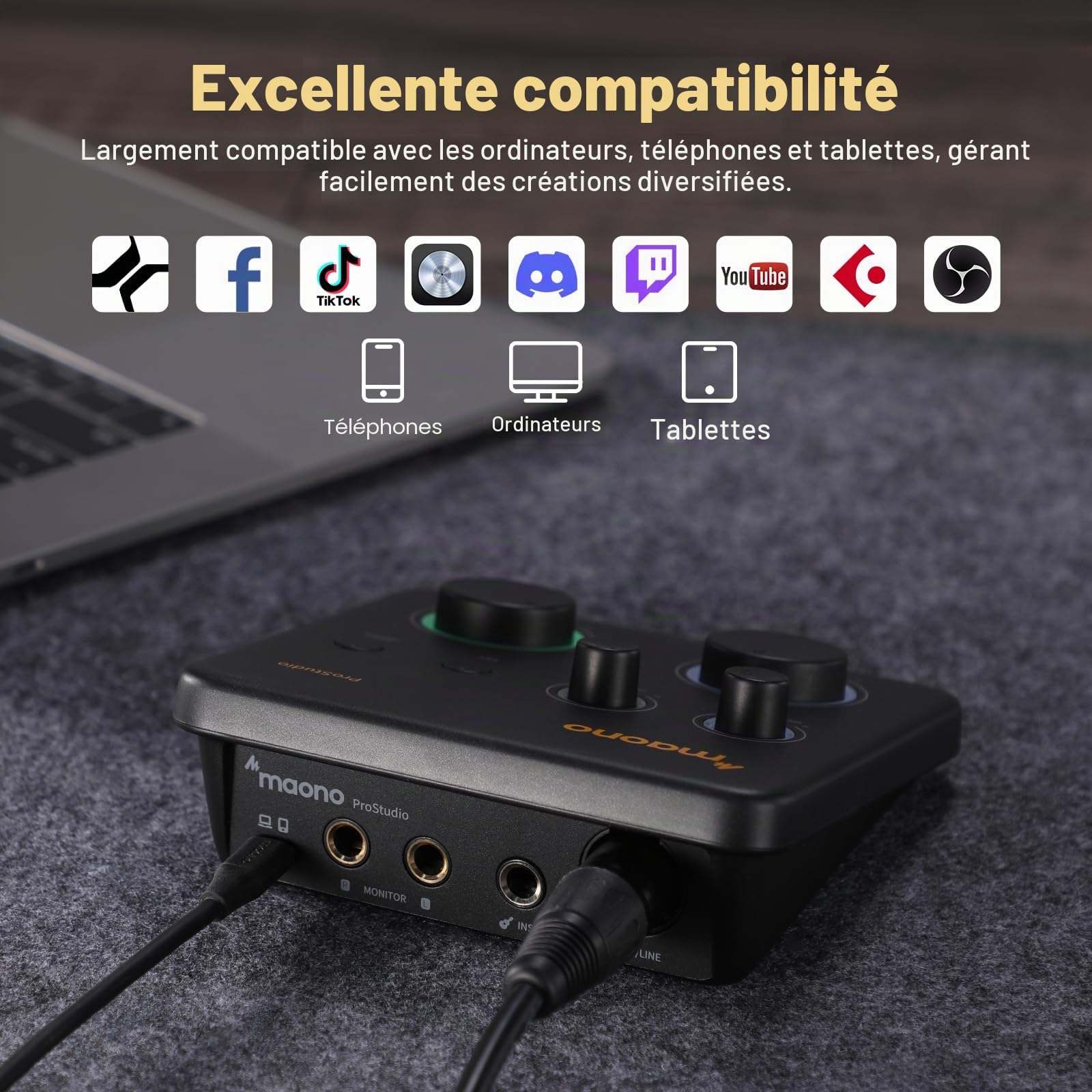 Interface Audio USB MAONO pour PC:Interface avec Entrée XLR 24-bit/192kHz, Logiciel de Routage LOOPBACK, Pilote ASIO pour Enregistrement Musical,Home-Studio, Guitare,Podcast,DAW (PS22 Lite Noir)