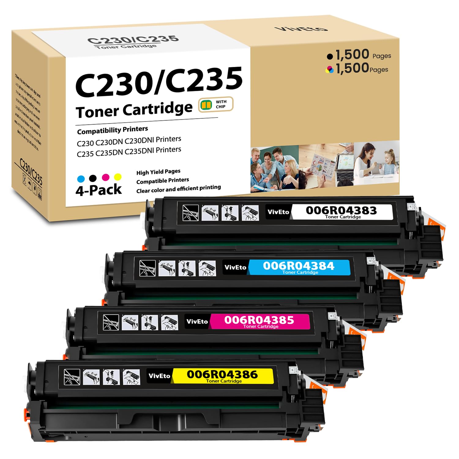Photo 1 of C230 C235 Toner Cartridge (with New Chip) Replacement for Xerox C235 C230 Toner 006R04383 006R04384 006R04385 006R04386 for C230 C230DNI C235 C235DNI Printers, 4-Pack High Capacity C230 Ink Kit
