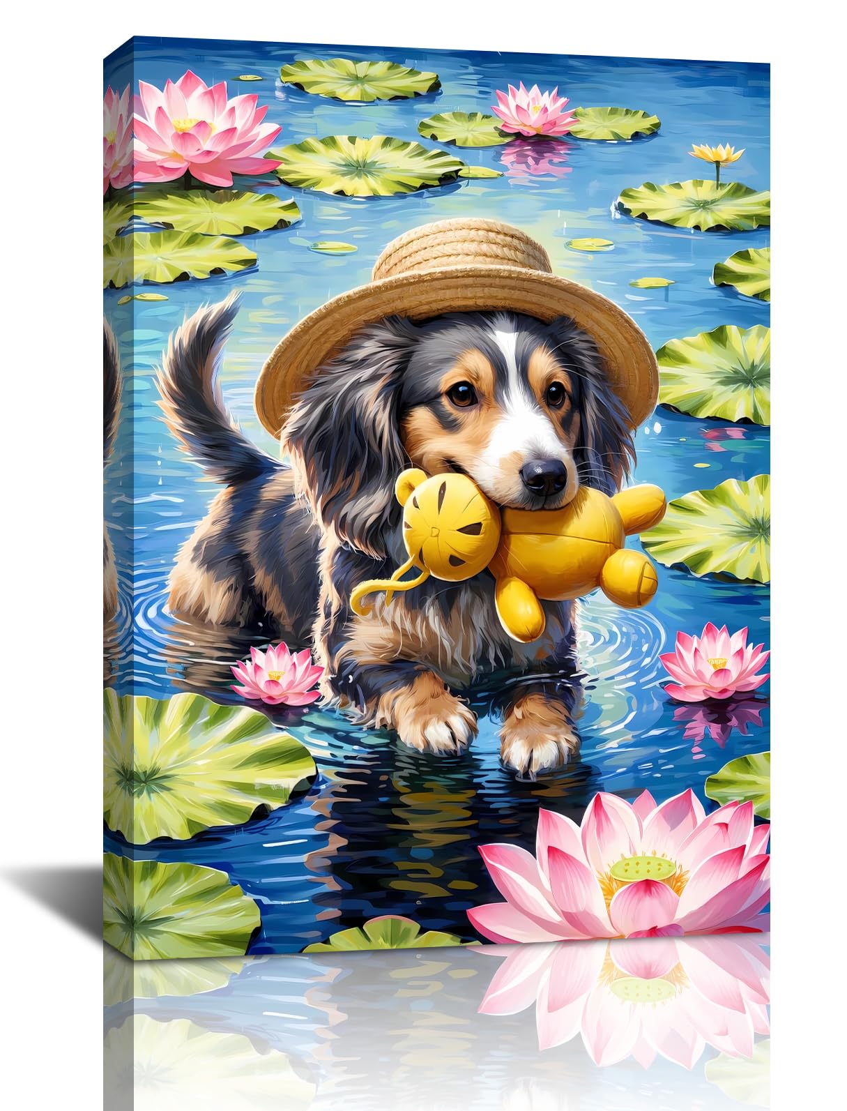 Lovely Dog Wall Art Decor,Funny Dog Lotus Flower Canvas Wall Art Prints,Framed Animal Painting Artwork for Living Room Bedroom Bathroom Office Home