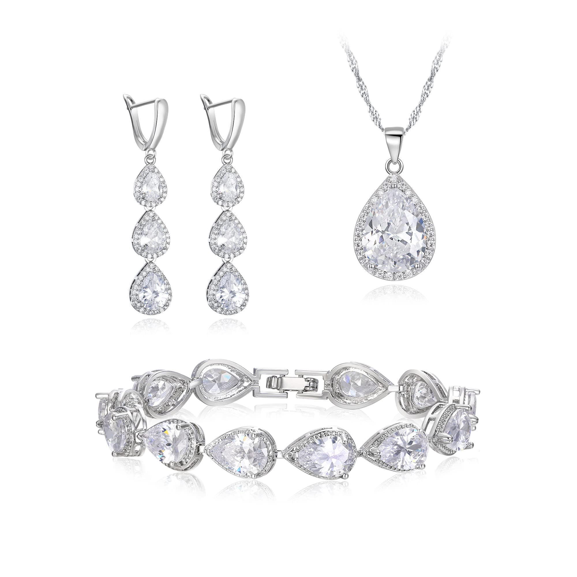 Set di Gioielli da Sposa per Le Donne Damigella d'Onore, Argento Placcato Goccia Zirconia cubica Collana Lunga Dangle Orecchini Bracciale per Partito