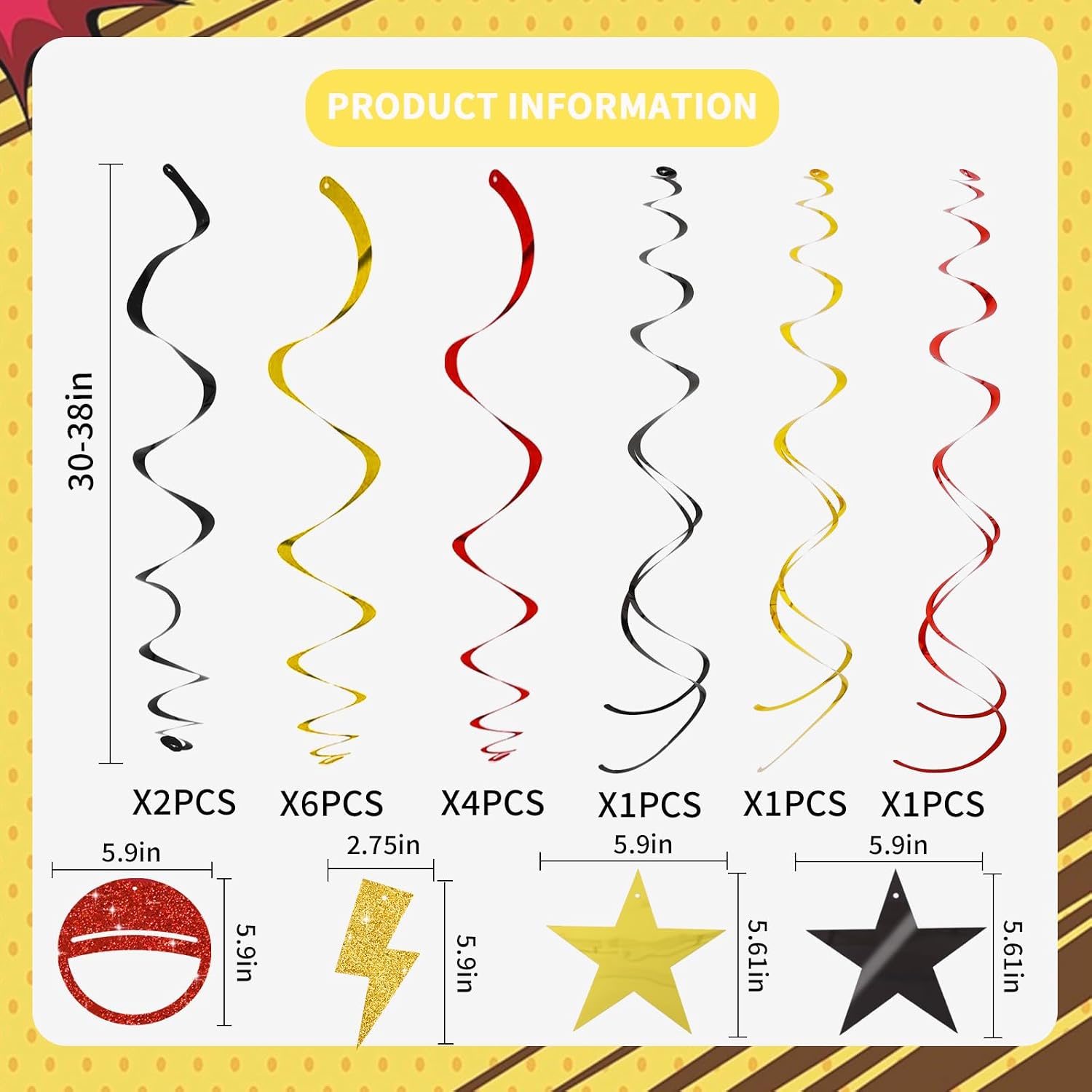 BEISHIDA 15Pcs Pre-Stung Cartoon Animation Birthday Hanging Swirl Decorations for Cartoon Themed Birthday Baby Shower(Red Gold Balck)