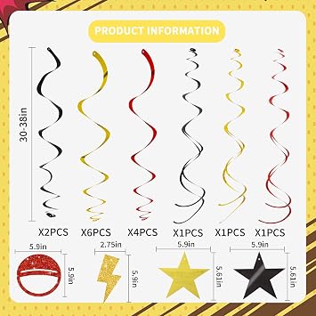BEISHIDA 15Pcs Pre-Stung Cartoon Animation Birthday Hanging Swirl Decorations for Cartoon Themed Birthday Baby Shower(Red Gold Balck)