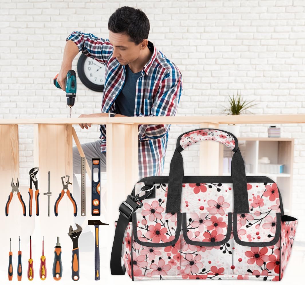 Funny Cute Cartoon Cherry Tool Bag with Multi-Pockets Wide Mouth Tool Tote Bag for Women and Men Waterproof Tool Organizer Storage Bag with Adjustable Shoulder Strap and Ergonomic Handle