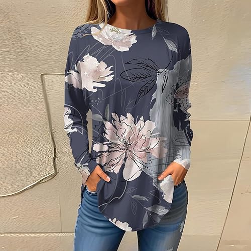 Miniatura 3 de Kenvina Blusa casual de manga larga para mujer, cuello redondo, dobladillo curvado, túnica sin botones, casual, holgada, 2023, suéteres elegantes