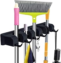 Zollyss Mop and Broom Holder Wall Mount, Heavy Duty Broom Holder Wall Mounted or Tool Organizer For Home Garden Garage And Storage (5 Positions with 6 Hooks) (Black) Plastic