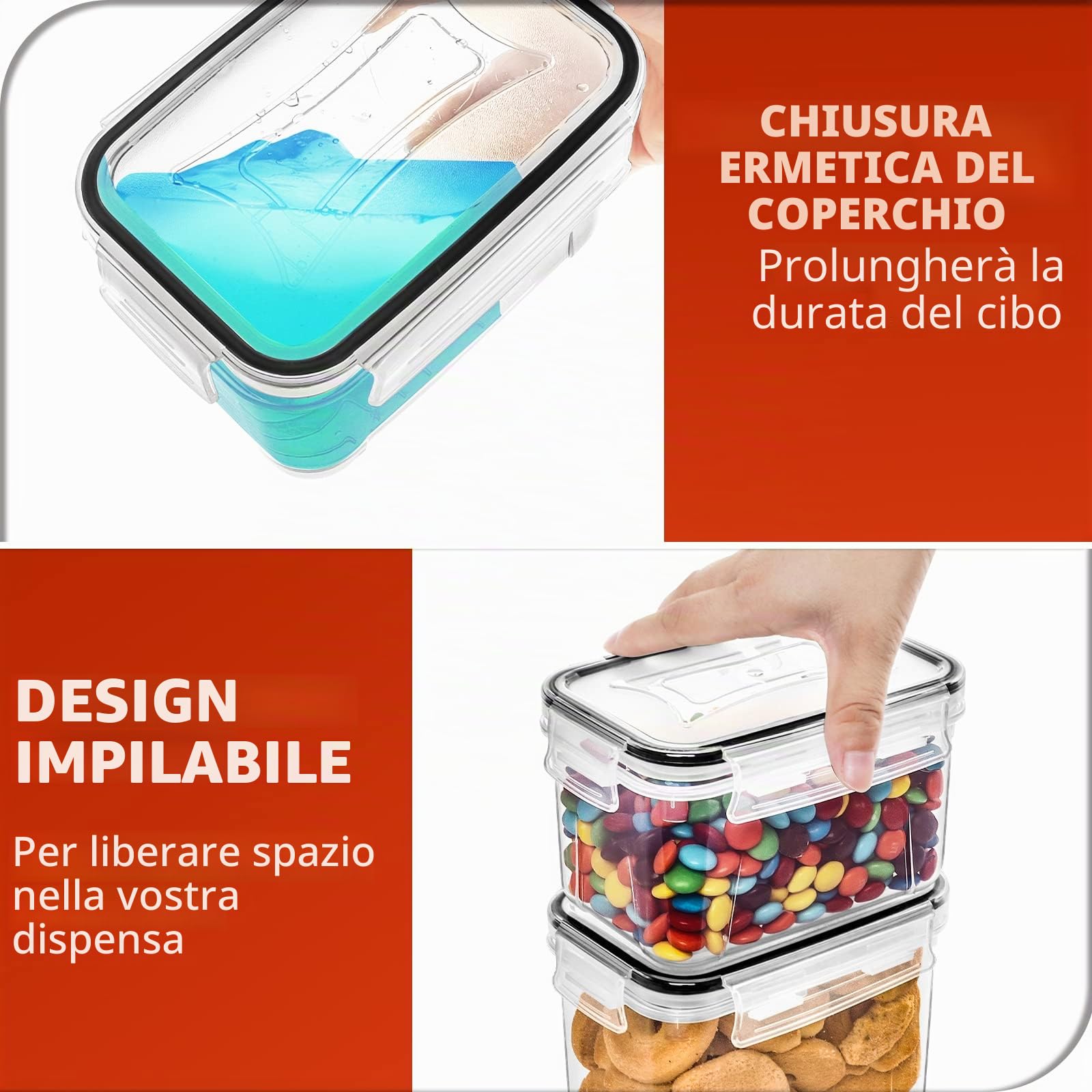 Skroam Set di 24 barattoli ermetici da cucina, senza BPA, per cereali, farina e zucchero, colore nero