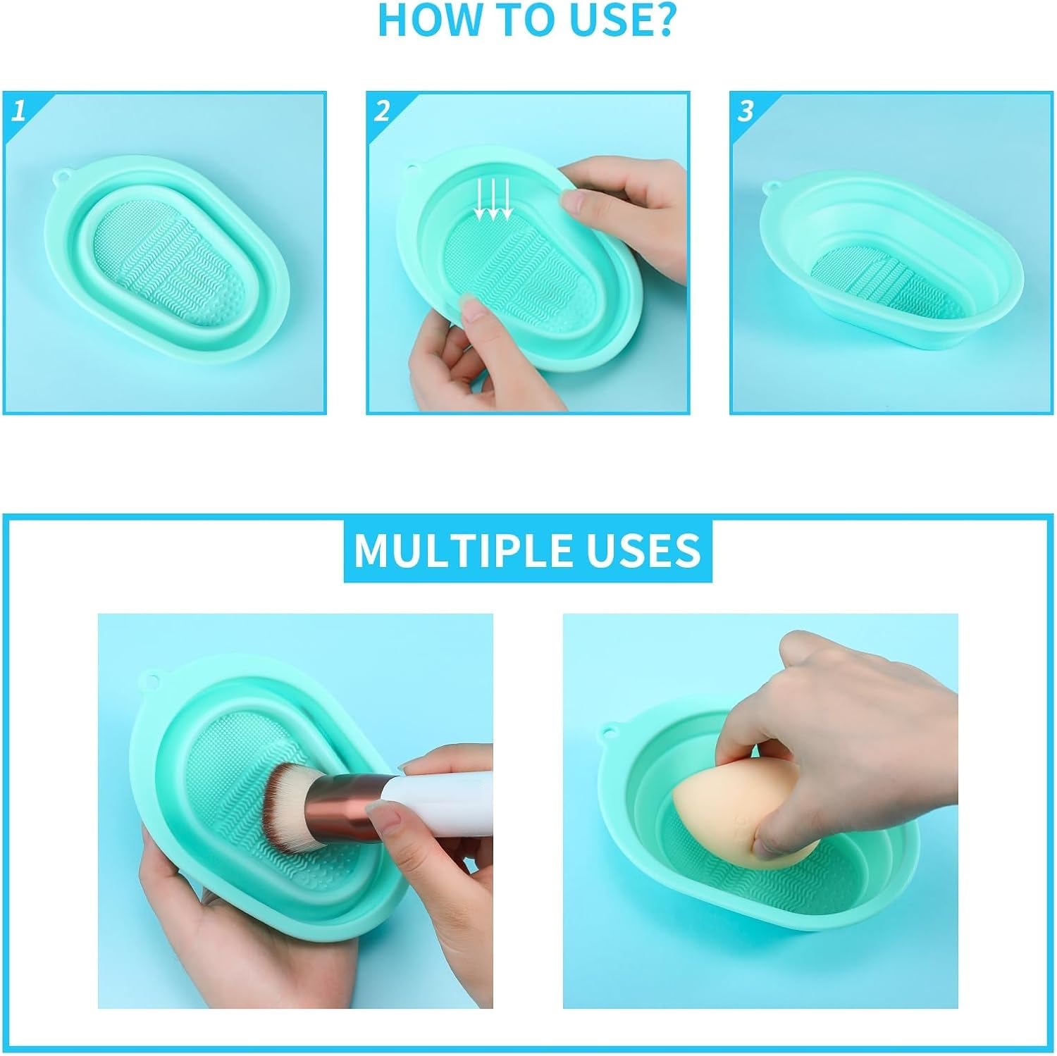 Feelon Makeup Brush Cleaning Mat, Soft And Durable Silicone Cosmetic Cleaner Pad, Foldable Makeup Brush Cleaning Bowl, Portable Washing Tool Scrubber 4