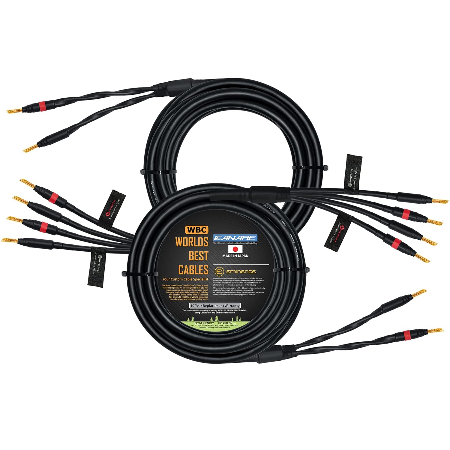 WORLDS BEST CABLES 20 Foot - Canare 4S11 – Audiophile Grade - HiFi Star-Quad Bi-Wire Speaker Cable Pair with Eminence Gold Banana Connectors