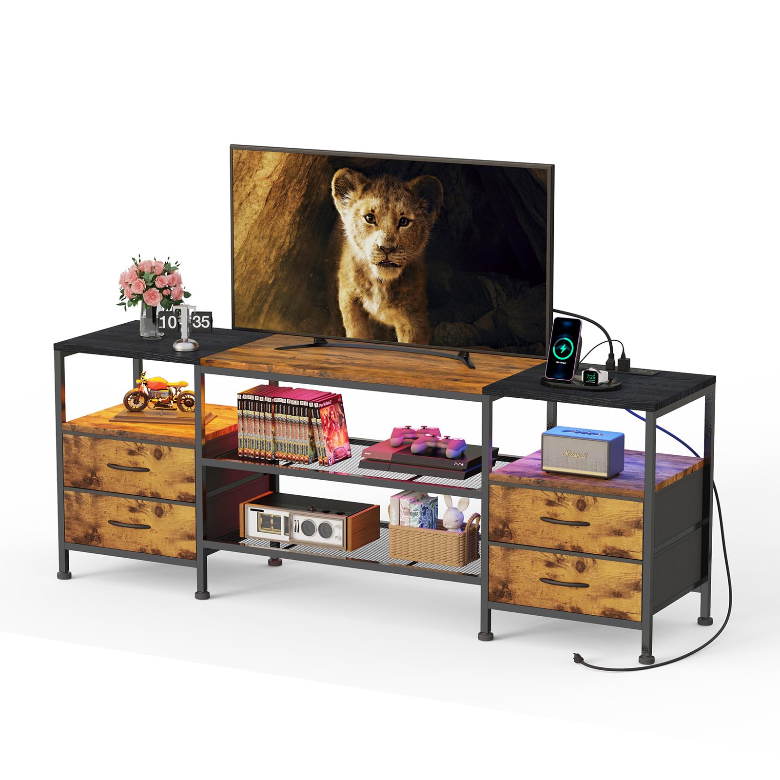 Mueble TV Salon 160 cm, Mueble TV Alto con iluminación LED, Estación de Carga, Puerto USB y Enchufe, Muebles de Salon TV con 4 Cajones 4 Estantes Abiertos, para Salón/Comedor