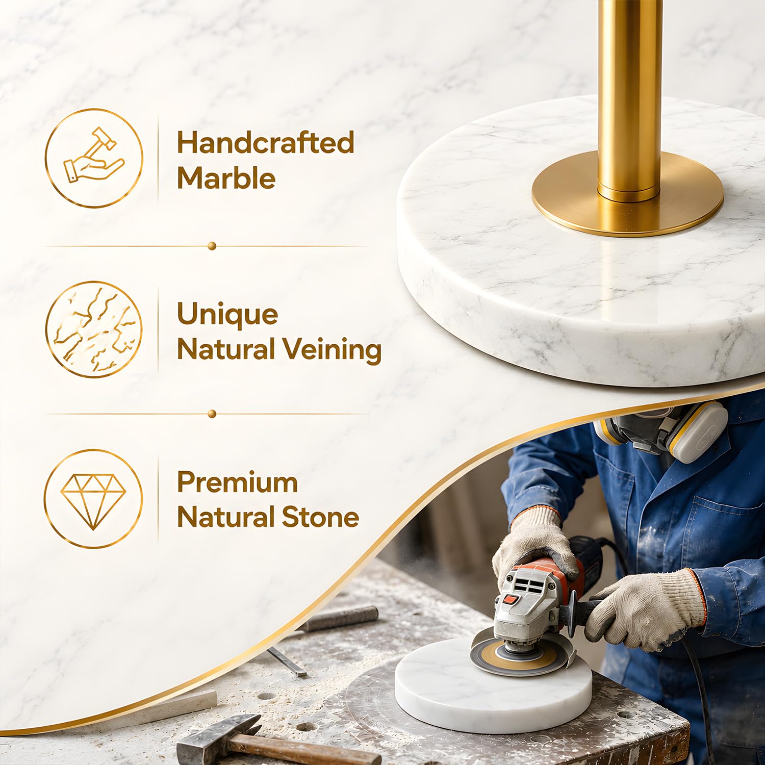 Nintiue Dimmable Gold Floor Lamp, Turkish Marble Base, White Linen Shade — product photo