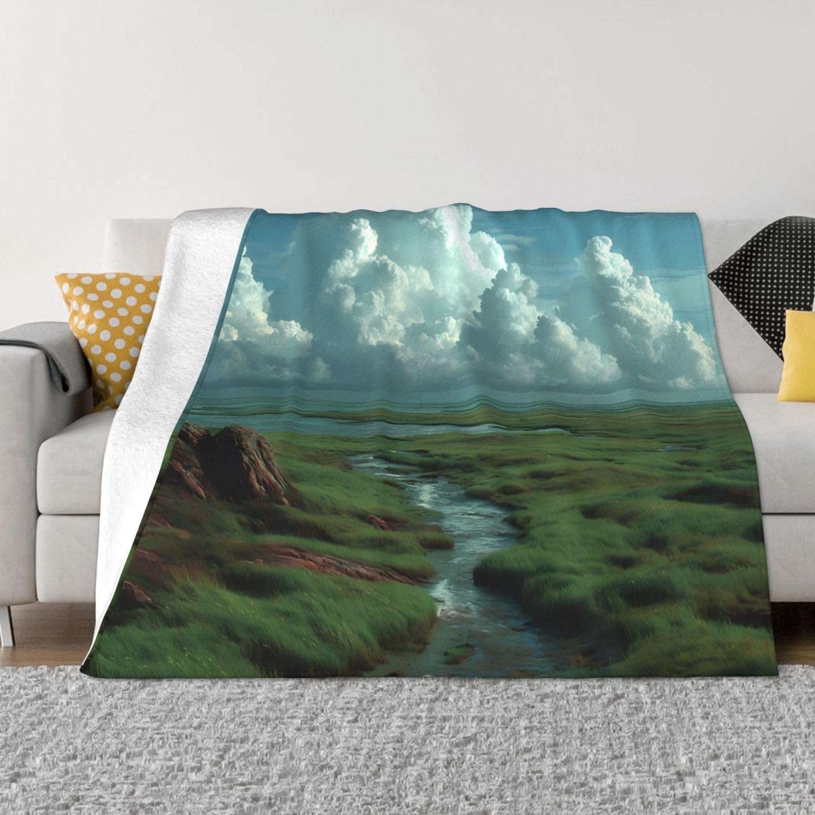 Manta de viaje portátil de 80 x 60 pulgadas, suave, resistente a las arrugas, plegable, exquisito estampado de pradera neblinosa