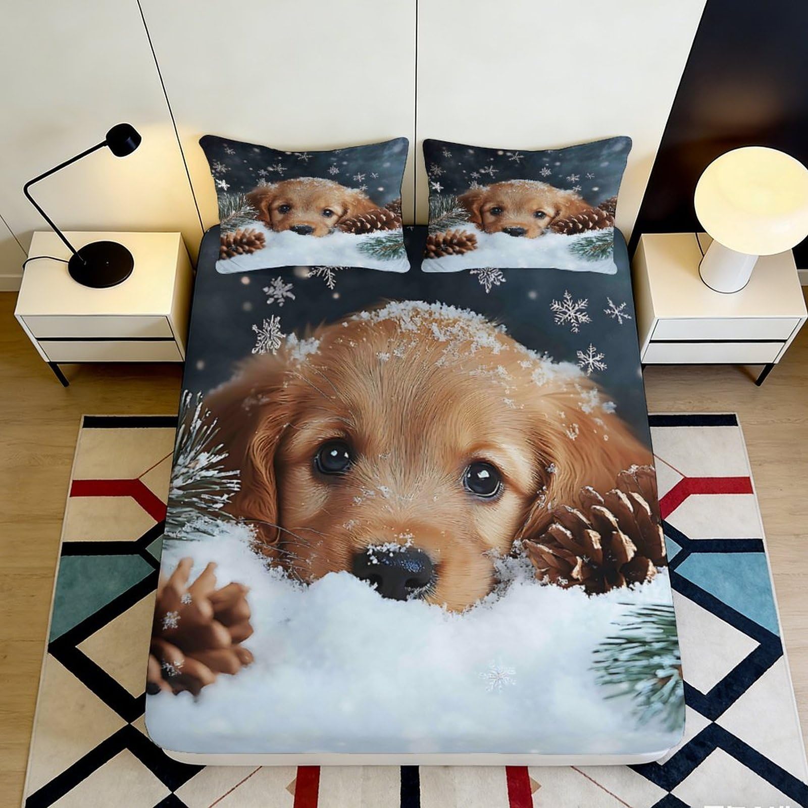3D Printed Brown Puppy Fitted Sheet Microfiber Soft Pine Cone Bed Cover for Bedroom Guest Room Mattress Decor 90x200x25cm