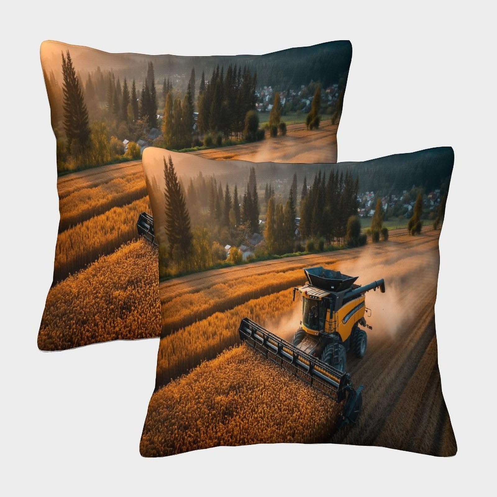kaiyun 2 Pack Throw Pillowcase 40x40cmCombine Harvesters Are Working in The Golden Wheat Fields Pattern Cushion Cover Home Decoration