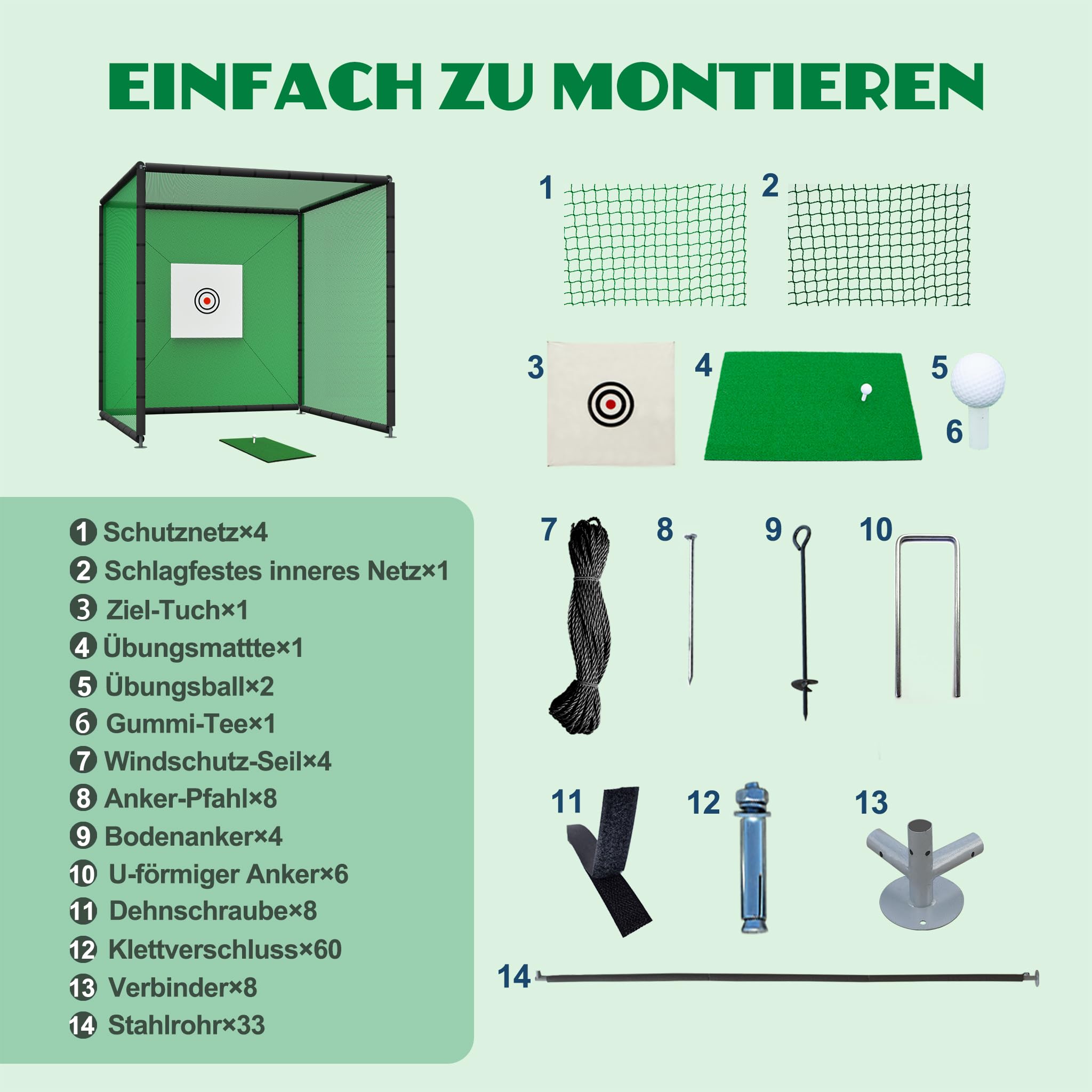 Thanaddo Golfkäfignetz 3m Freistehend Übungskäfignetz, Golfnetz Übunskäfig mit Ziel-Tuch und Übungsmattte