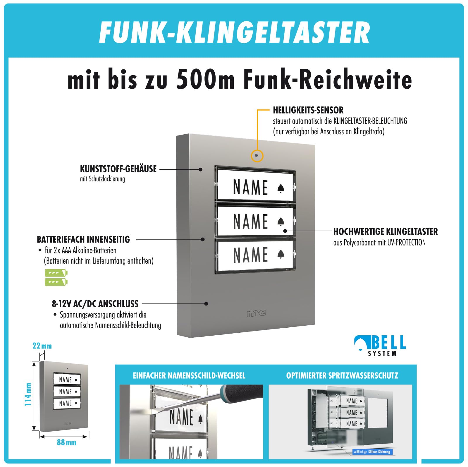 m-e modern-electronics 100168 Funkklingel Komplett-Set beleuchtet, klangaktiv, mit Bewegungsmelder, mit Namensschild (100168)