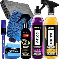 Kit Lavagem de Motos Shampoo V-floc 500ml Vonixx - Desengraxante Foxy 240ml Razux - Cera Liquida Tok final Vonixx