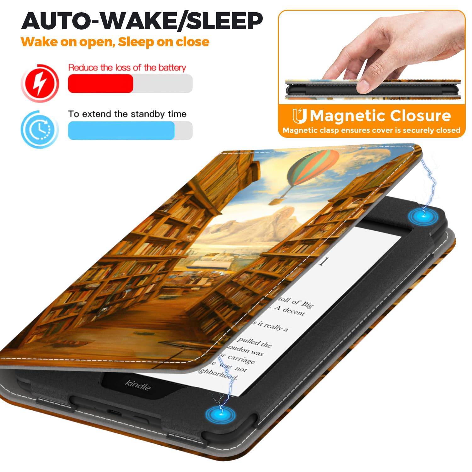 VORI Stand Case für Kindle Paperwhite (11th Generation-2021) und Kindle Paperwhite Signature Edition, PU Leder Case Smart Schutzhülle mit Auto Wake/Sleep und Handschlaufe (Bibliothek)