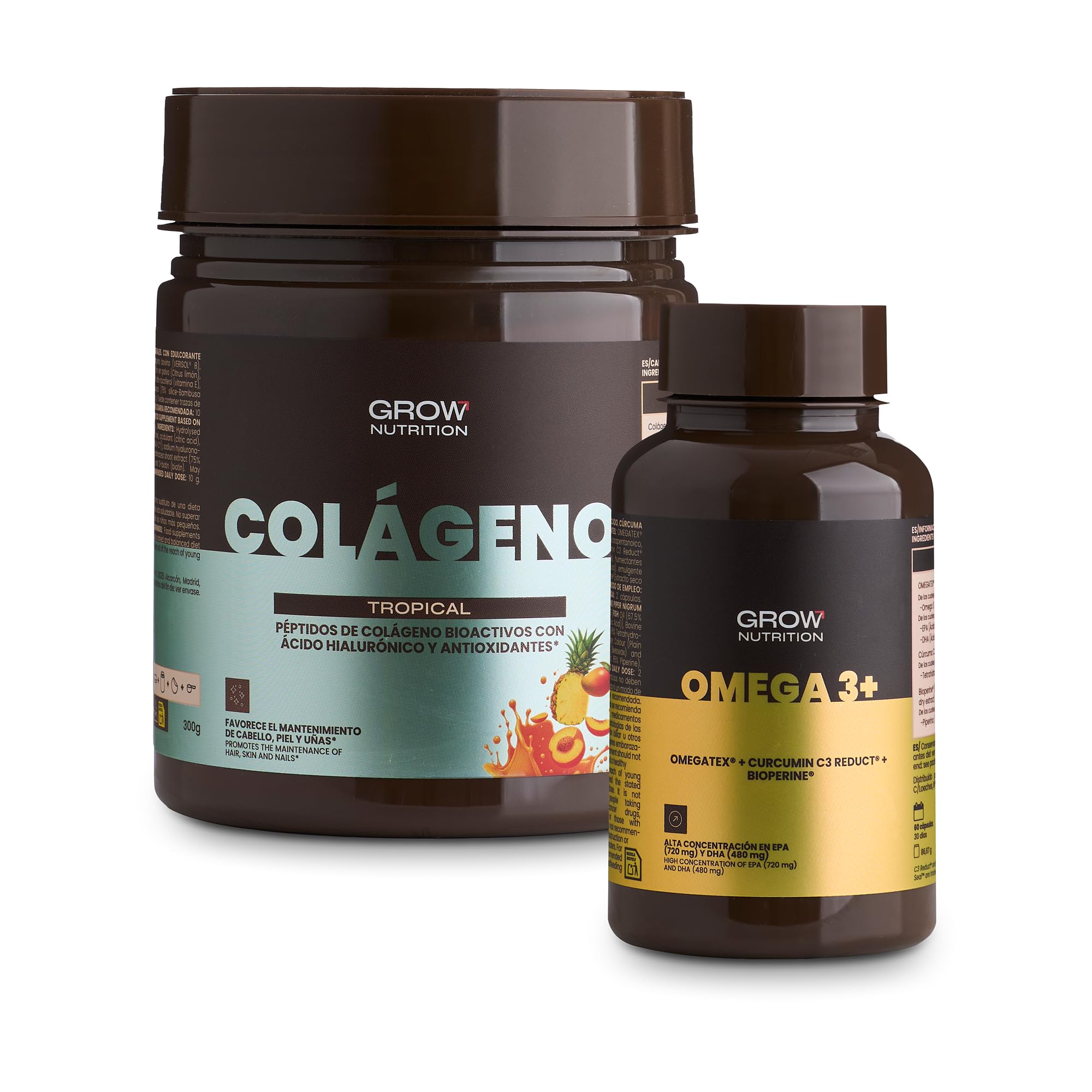 Grow Wellness Lote Omega 3+ OMEGATEX 60 Cápsulas + Colágeno Tropical 300 g | VERISOL, Ácido Hialurónico, Biotina y Vitaminas