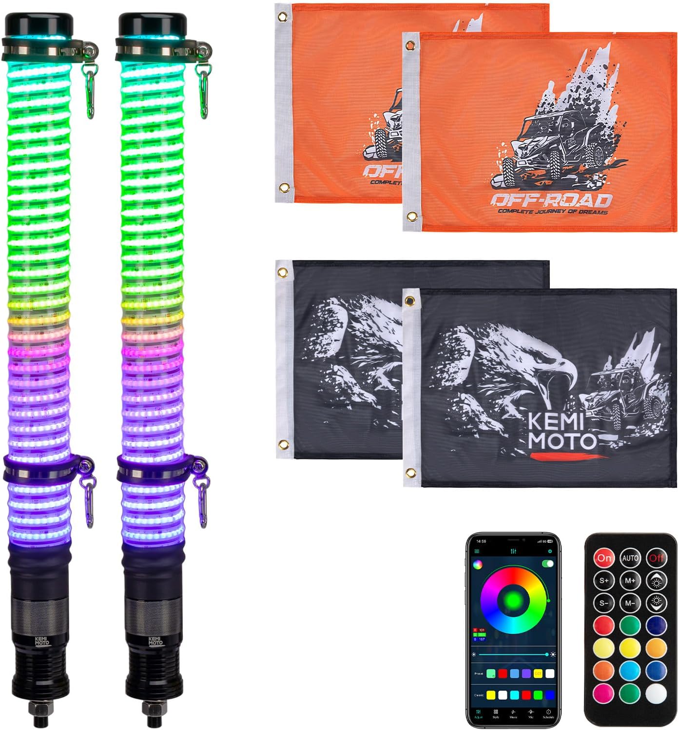 ZIMABLUE 1ft Fat LED Whip Lights (2-Pack) - App & Remote Control, RGB Chasing Lights For UTV, ATV, RZR, Can-Am X3
