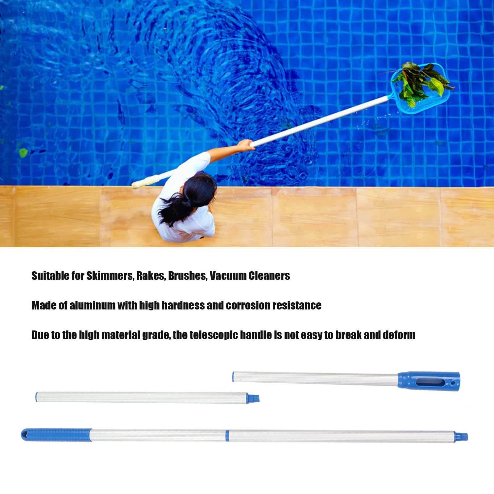 Fockety Poolstange, 4 Abschnitte, 1,6 Meter Aluminium-Poolstange, Teleskopisch, Keine Verformung, Pool-Verlängerungsstange, Schwimmbadzubehör für Skimmernetze, Vakuumköpfe, Bürsten