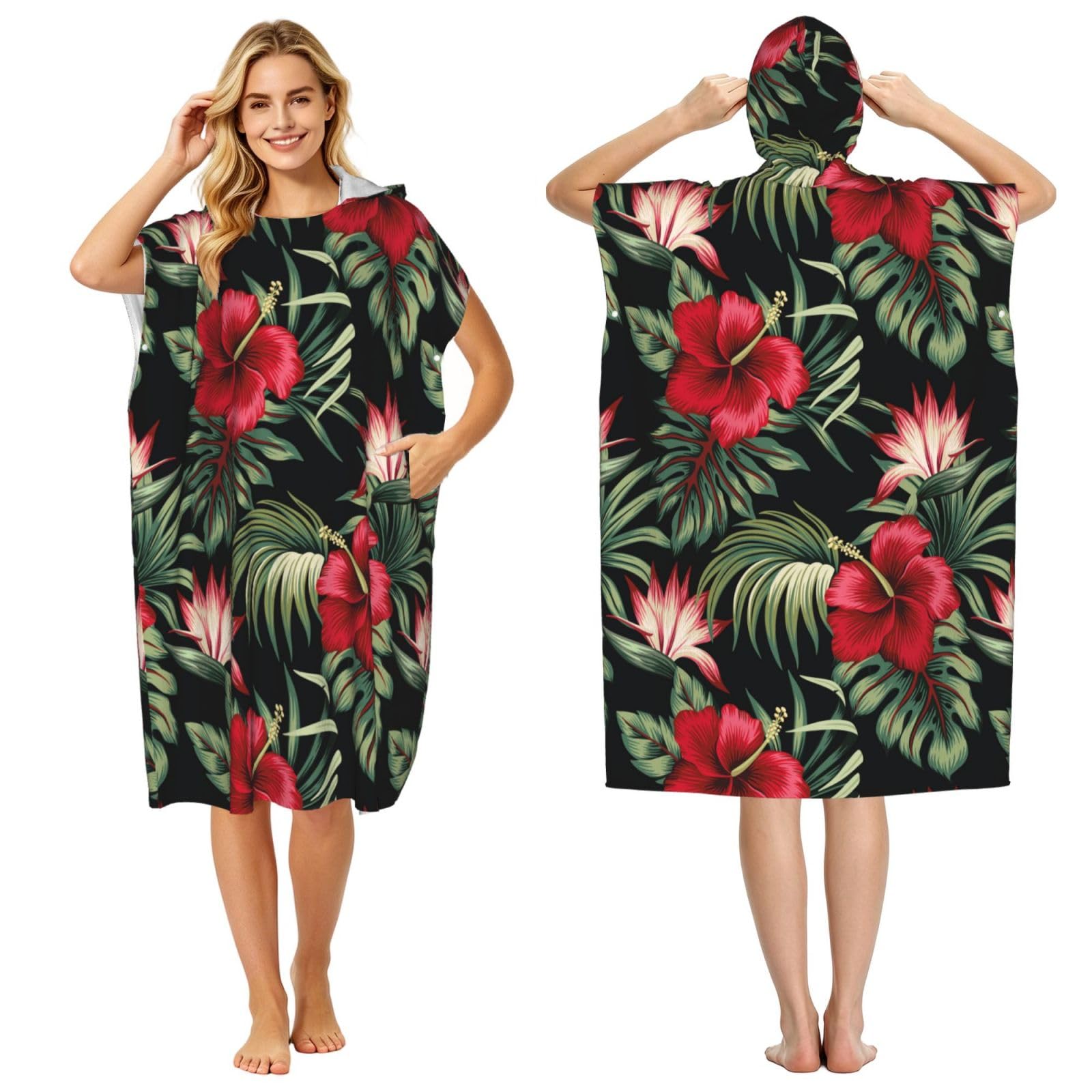 Poadnly Tropical Vintage Red Hibiscus Strelitzia Floral, Adult Hooded Beach Towel 90 x 110 cm,Changing Bath Robe, Surf Poncho Towel For Women Men