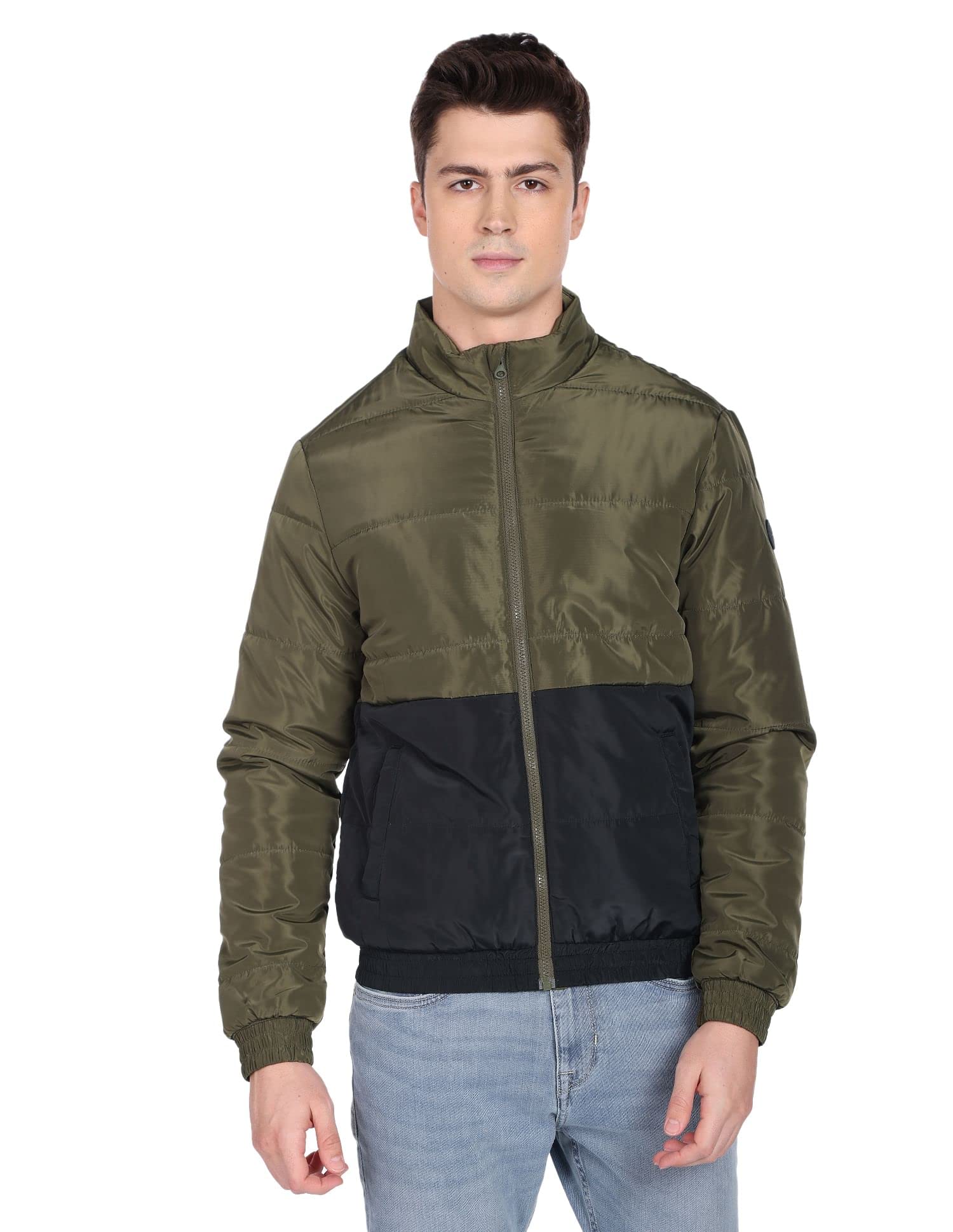Men Olive and Navy Colour Block Zip Up Jacket-image-20