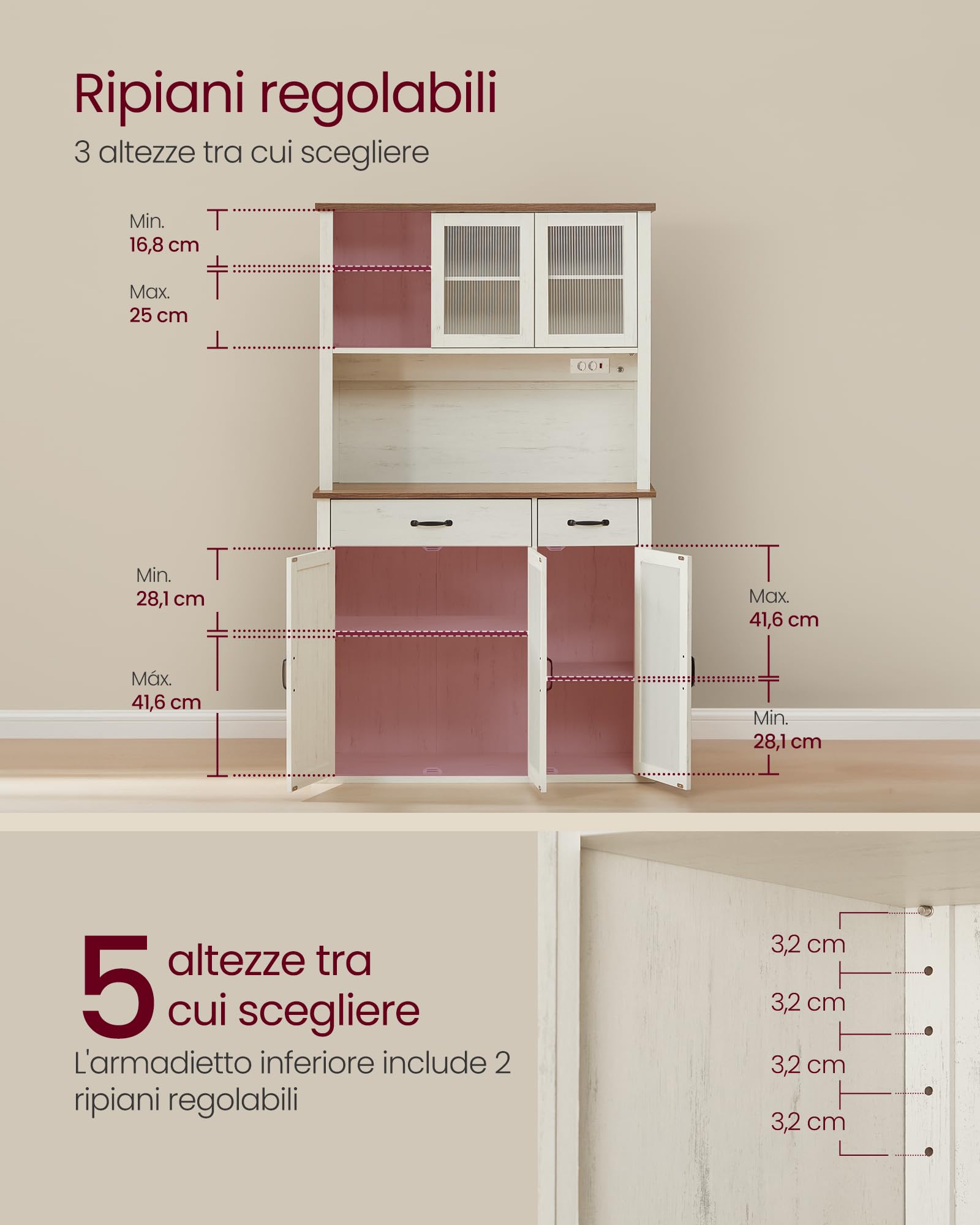 VASAGLE Credenza Cucina con Luce e Multipresa, Mobile Dispensa Cucina con Ante e Cassetto, 39,5 x 106,5 x 180,6 cm, con Ripiani Regolabili, Stile Farmhouse, Bianco Vintage e Marrone Miele BBK391W02
