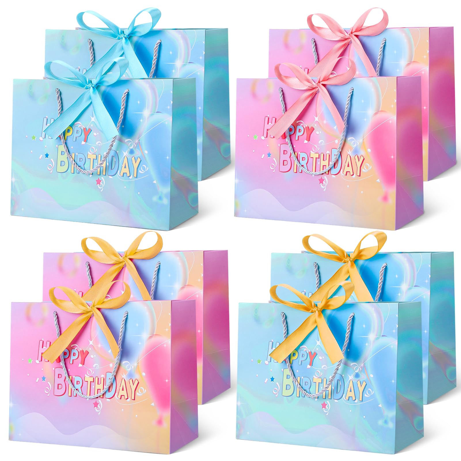 8 Pcs Medium Gift Bags with Ribbon Handles, Happy Birthday Paper Gift Bag with Bow for Birthday, Wedding, Baby Shower, Bridesmaid Presents and Any Occasion(25 x 20 x 12 cm)