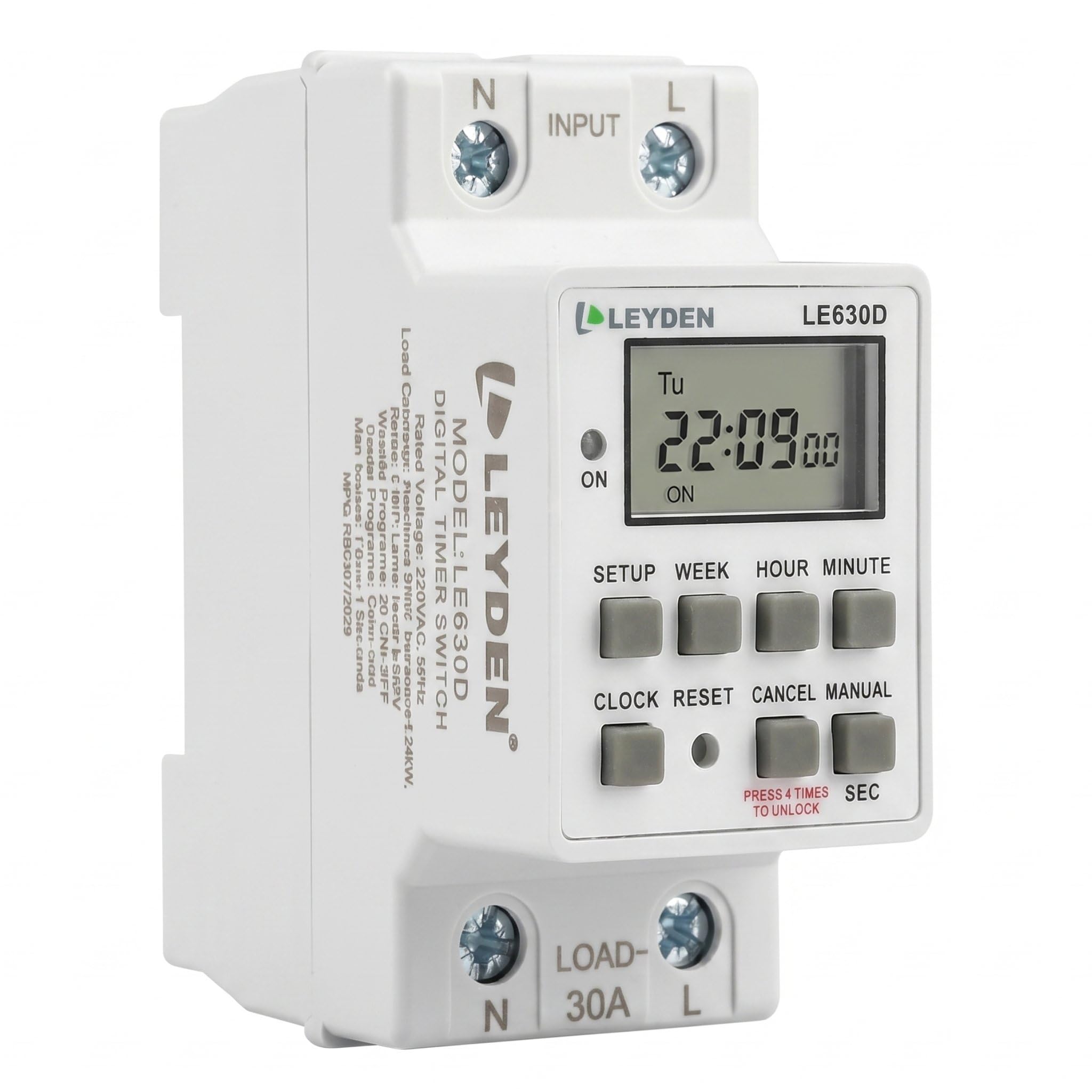 LEYDEN® LE630D, 30A 220VAC Digital Timer Switch 20 ON/OFF Programs Daily/Weekly, 1-Second Interval Cyclic & Delay Function (1s–24h) for Bell, Siren, Lights, Motors, Fans, Heaters, Irrigation & Fogger-image-4