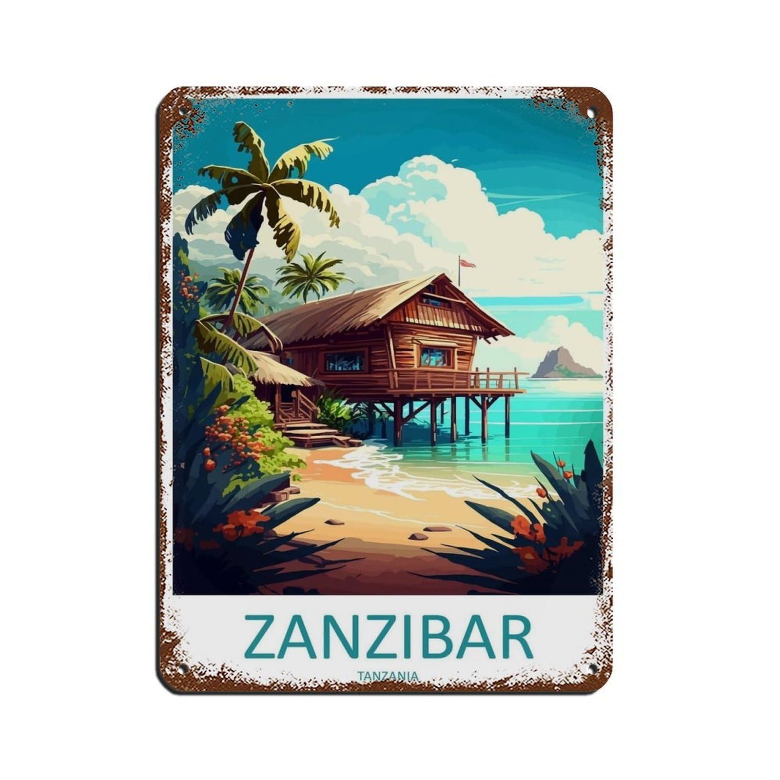 Zanzibar Travel Art Tanzania Art Retro Poster Metal Tin Sign Chic Art Retro Iron Painting Bar People Cave Cafe Family Garage Poster Wall Decoration 12x16inch(30x40cm)