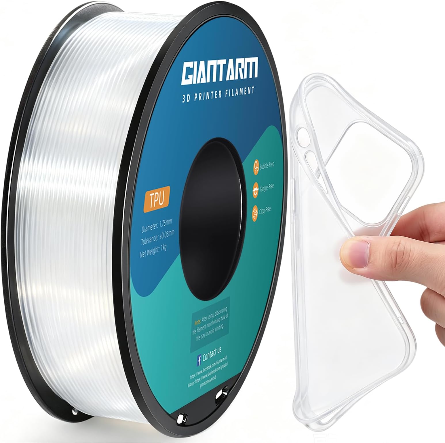 GIANTARM 95A TPU 3D Printer Filament 1.75mm, 1kg Spool, Clear, +/- 0.03mm