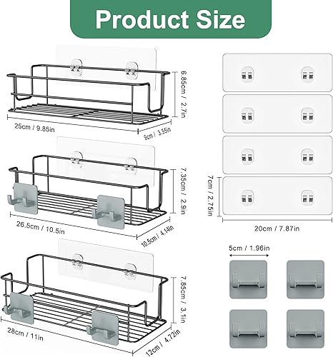 Miniatura 2 de Thideewiz Paquete de 3 organizadores de ducha colgantes adhesivos, 2.7 a 3.1 pulgadas de altura de acero inoxidable, estantes de ducha pulidos