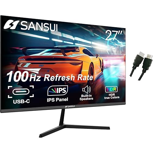 SANSUI Computer Monitors 27 inch 100Hz IPS USB Type-C FHD 1080P HDR10 Built-in Speakers HDMI DP Game RTS/FPS tilt Adjustable for Working and Gaming (ES-27X3 Type-C Cable & HDMI Cable Included)