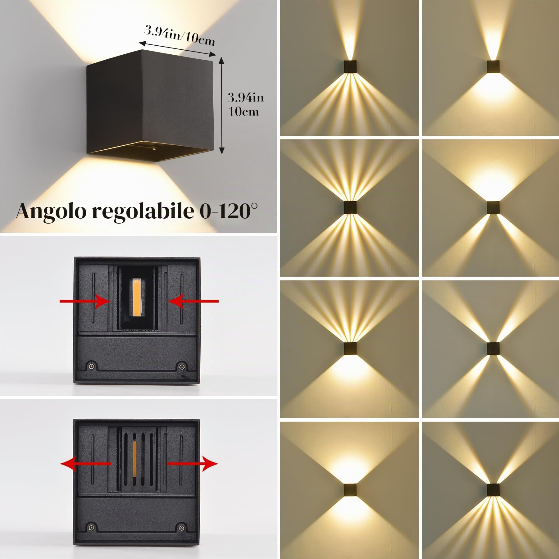 SANSHI Applique da Parete LED Interno Esterno 12W,Moderno Angolo Regolabile del Fascio su e giù Lampada da Parete Bianco Caldo 3000K,IP65 Impermeabile in Alluminio Lampada a Muro per Giardino,Nero