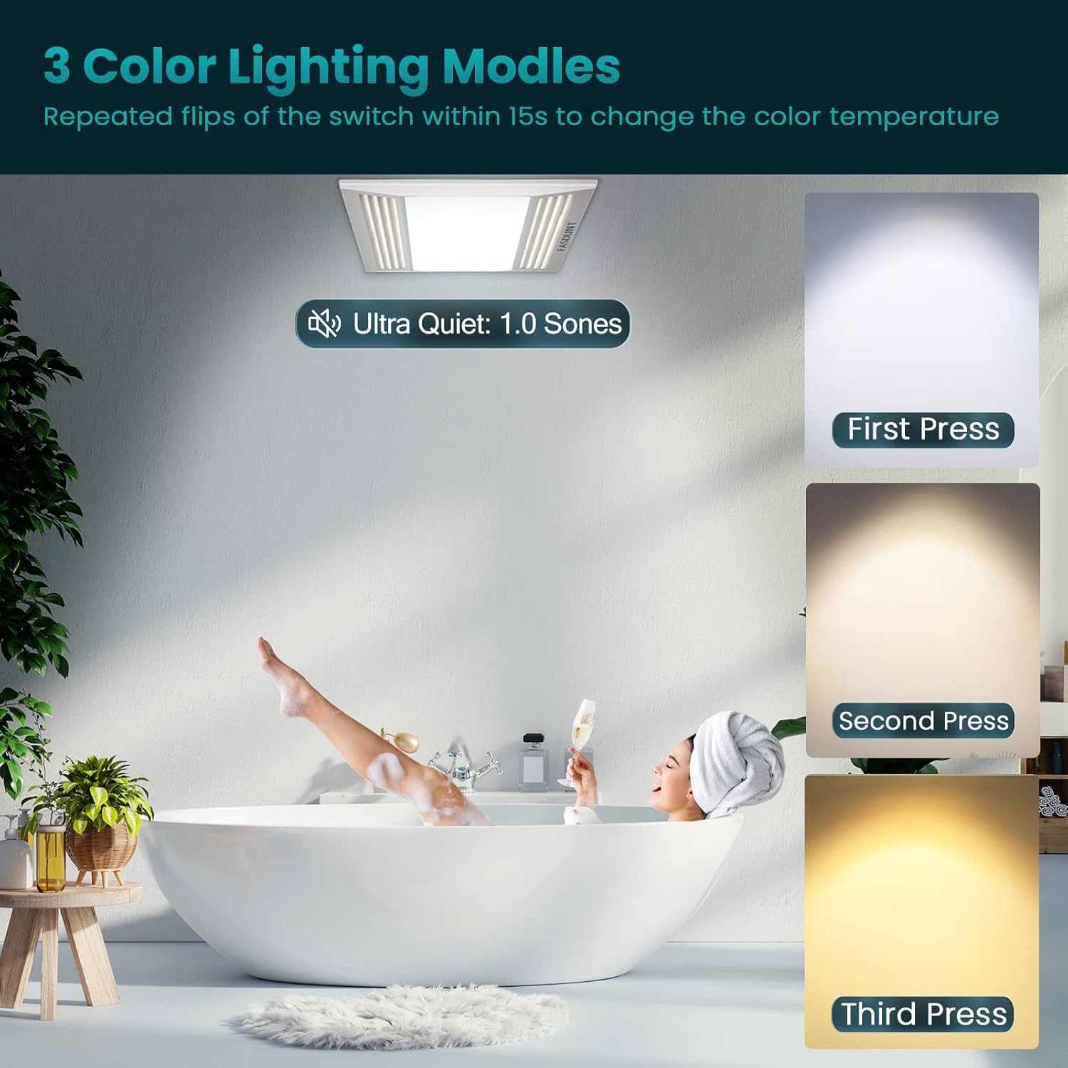 Image demonstrating the three selectable LED light color temperatures: Warm White, Daylight, and Cool White.