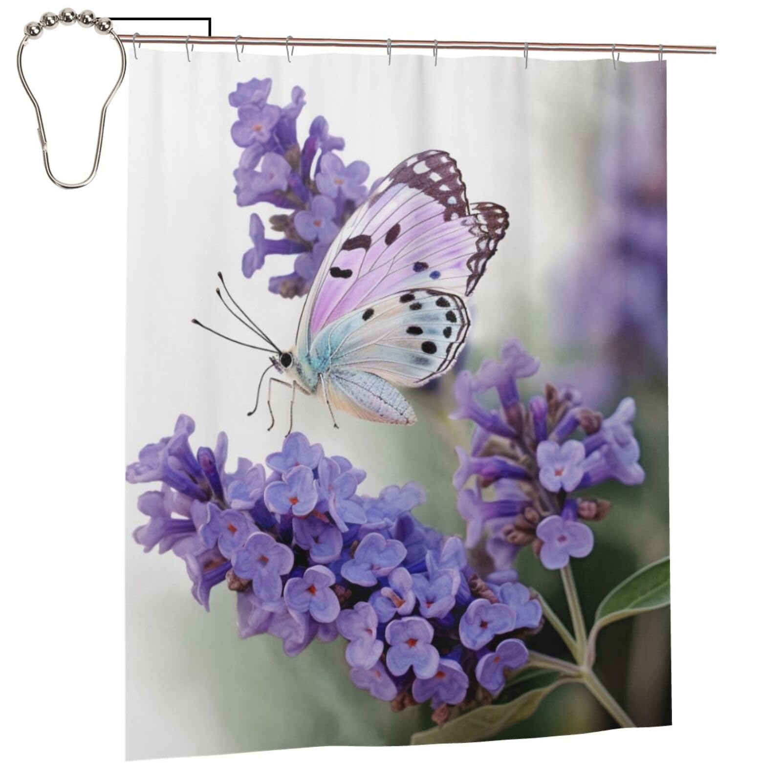 BWWHCCTI Lavender Butterfly Printed Shower Curtain With 12 Iron Hooks Opaque Quick Drying Waterproof Shower Curtains Sets For Bathroom 152x183 Cm