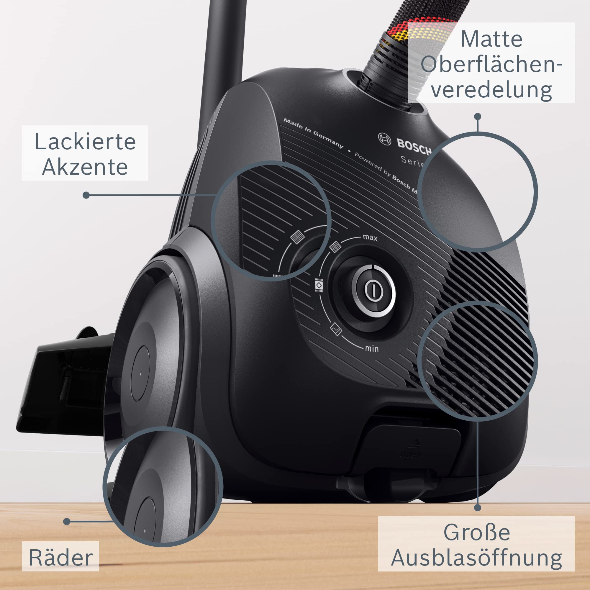 Bosch Staubsauger mit Beutel Serie 2 BGDS2CHAMP, Bodenstaubsauger, nachhaltig, aus Recyclingmaterial, Hygiene-Filter, 10 Jahre Motorgarantie, kompakt, leistungsstark, Made in Germany, 600 W, schwarz