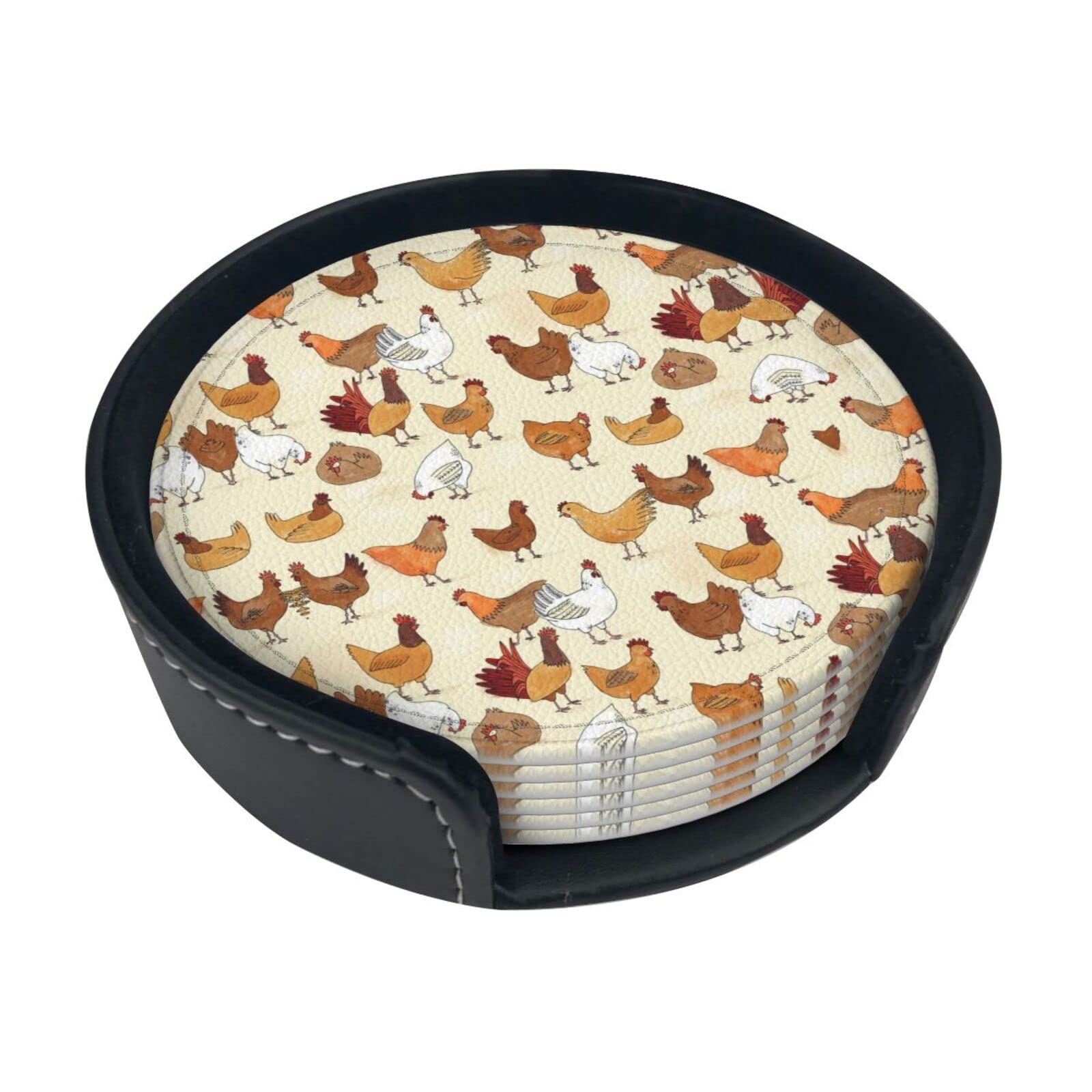 Coasters Set Of 6 Chicken Pattern Print Leather Coasters For Drinks,Home Décor And Housewarming Gift