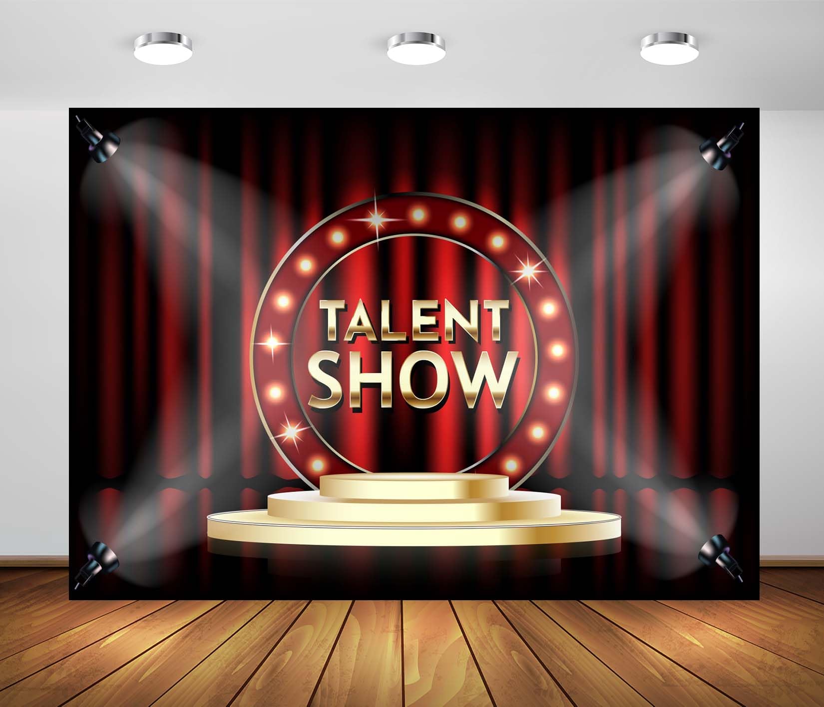 BELECO 5x3ft Fabric Talent Show Backdrop Red Stage Curtain with Spotlight Gold Stage Background Drama Play Talk Show Music Party Decorations Banner