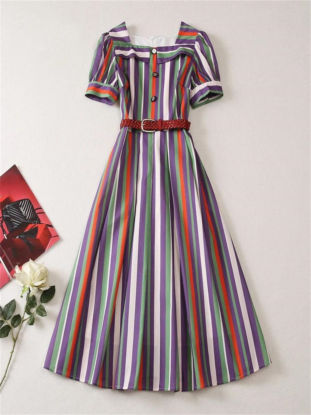 Elegancka damska sukienka w paski, z krótkim rękawem, Midi Vestidos, kwadratowy kołnierz, szlafrok na urlop