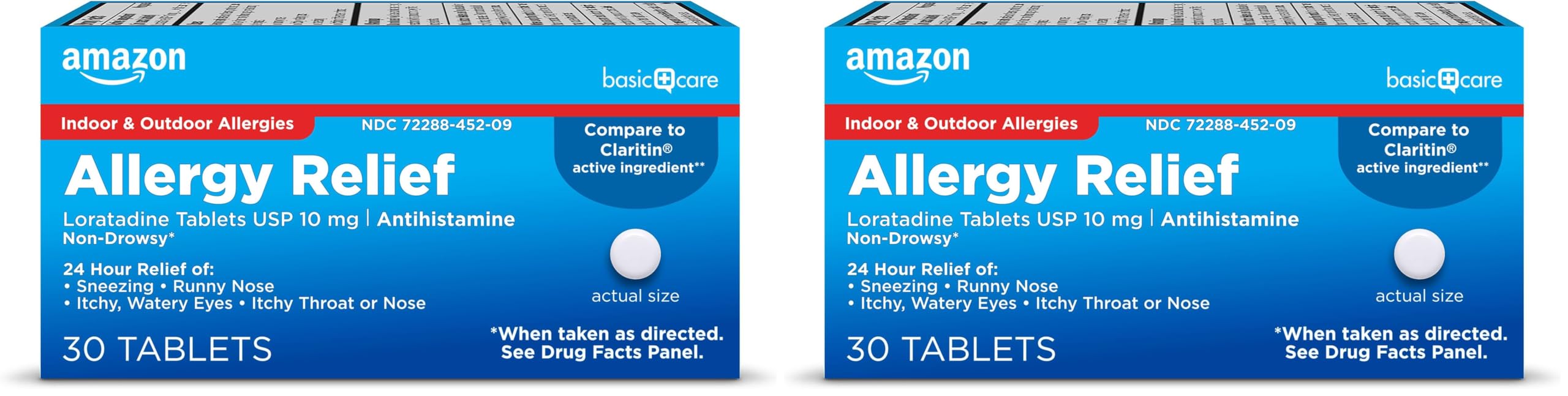 Amazon Basic Care Loratadine Tablets 10 mg, 24-Hour Non-Drowsy Antihistamine, 30 Count (Pack of 2) | Allergy Relief for Sneezing Runny Nose Itchy Eyes - main product image